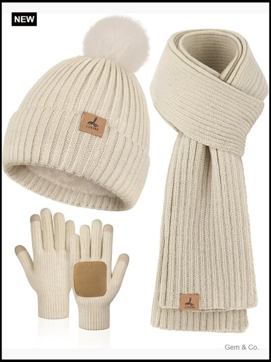 Winter Hat Scarf Gloves Set, Knitted Pompom Beanie, Touchscreen Gloves, Warm